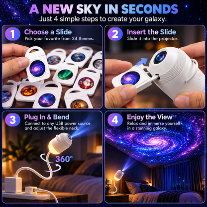 🌙 Galaxy Projector Night Light – 24 HD Slides, USB Powered & 360° Adjustable