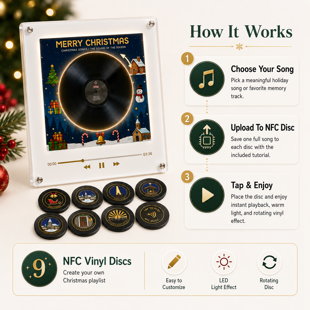 ✨The Christmas Record That Plays Your Favorite Songs 🎄 – NFC Vinyl Music Display with LED & Rotating Disc