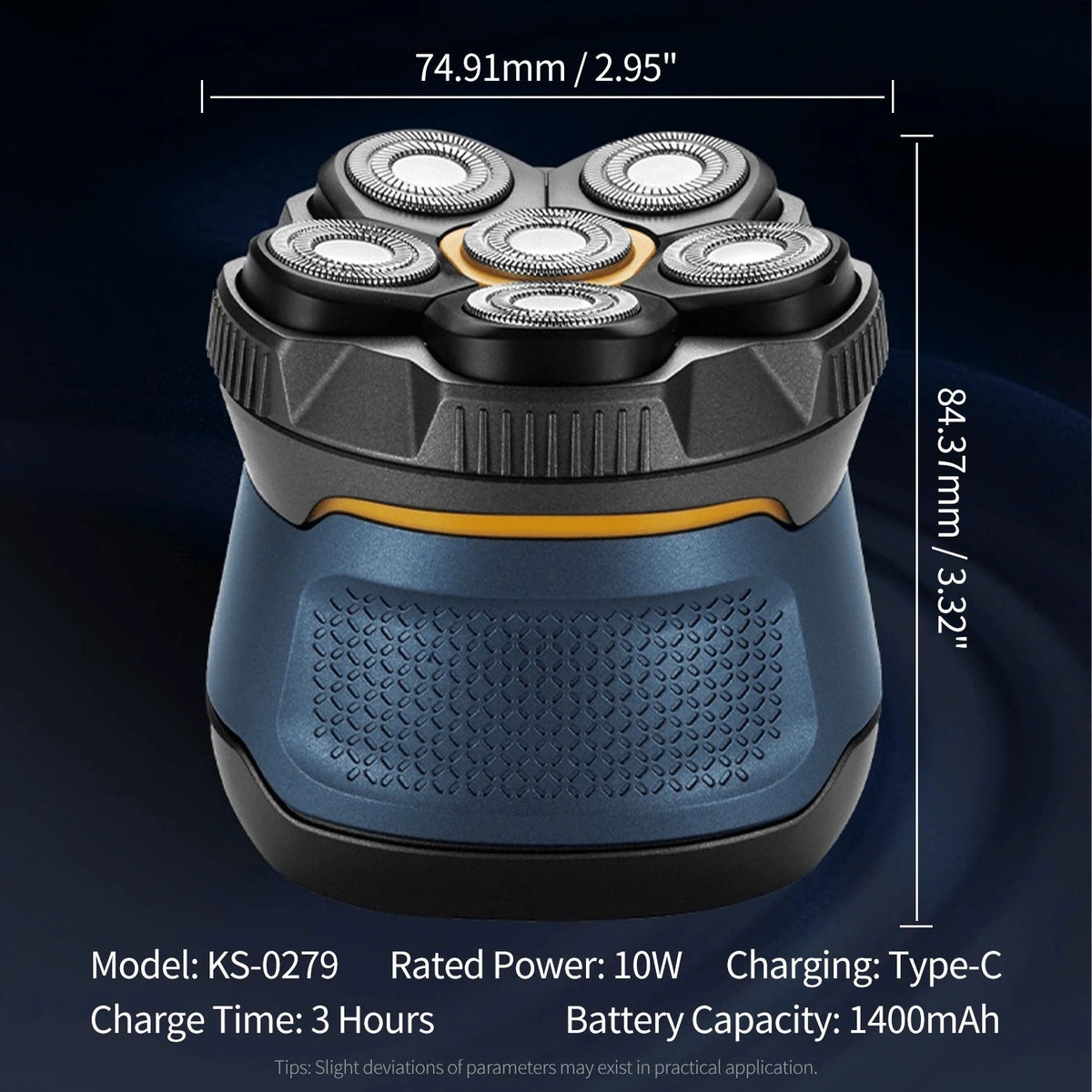 Dimensions and battery specifications of six head shaver