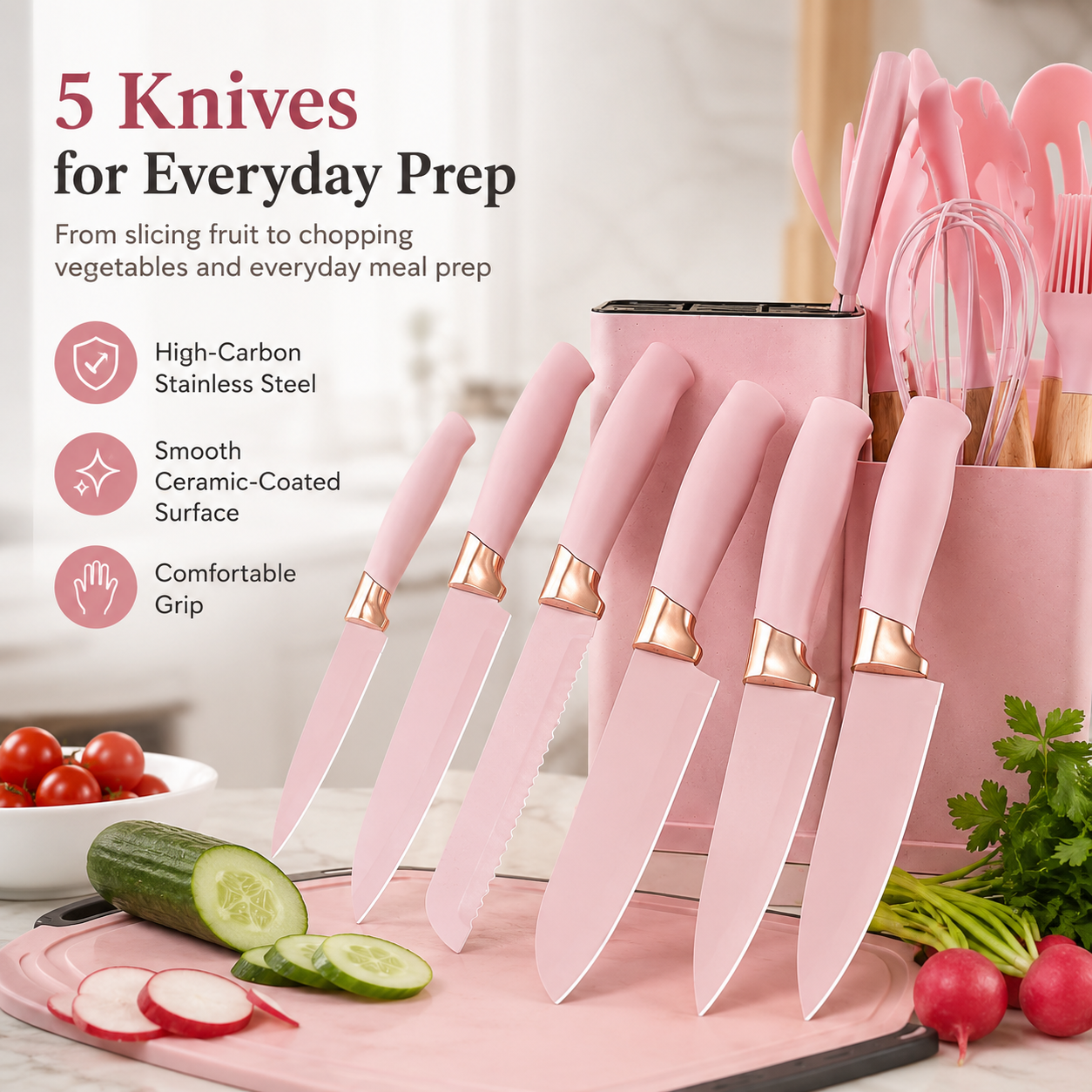Five pink high carbon stainless steel ceramic coated kitchen knives