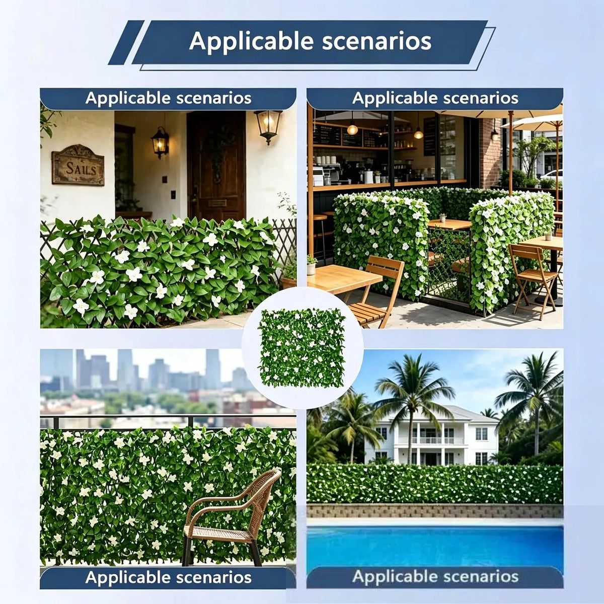 📍🍃Extendable Simulation Rattan Fence with White Flowers Decorating Green Leaves
