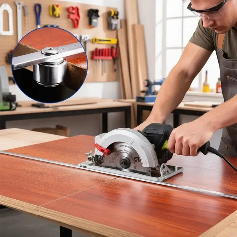 Positioning guide referenced along the edge of a wooden workpiece