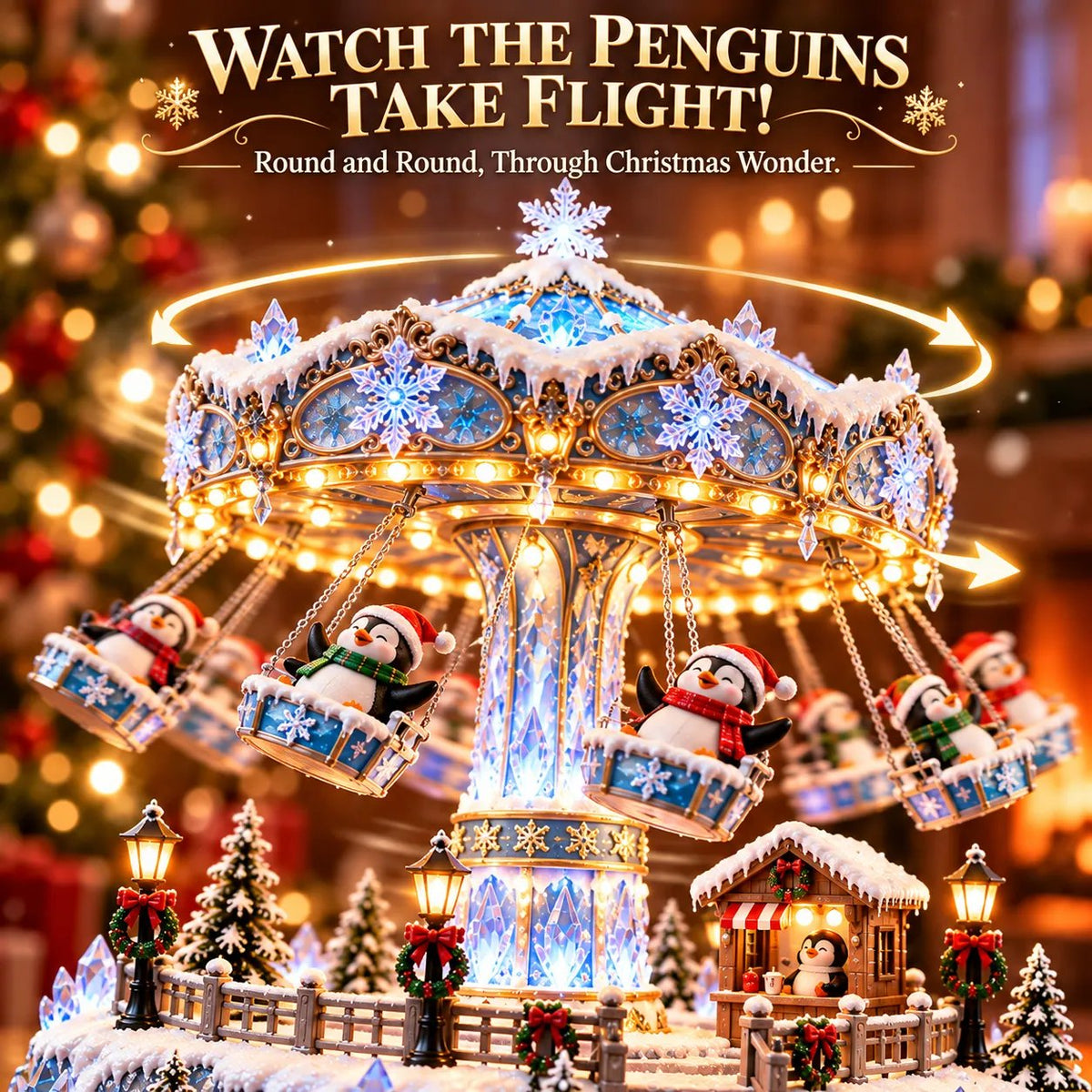 🐧 Rotating Penguin Christmas Swing Carousel – Light-Up Winter Carnival Decoration