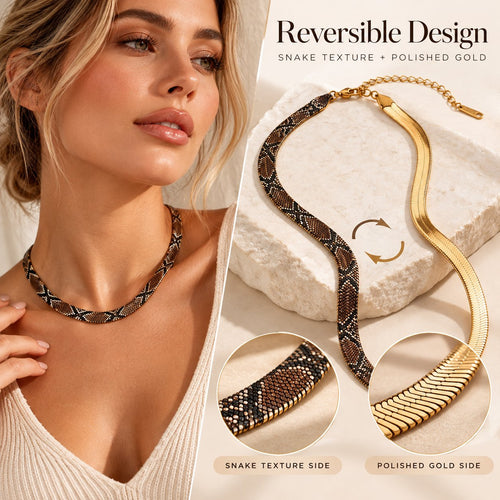 🐍 Reversible Snake Scale Engraved Gold Iron Herringbone Chain Necklace