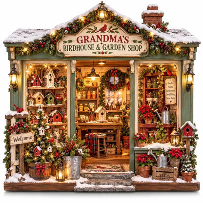 🐦 Grandma’s Birdhouse & Garden Shop DIY Miniature Kit – Light-Up Christmas Garden House
