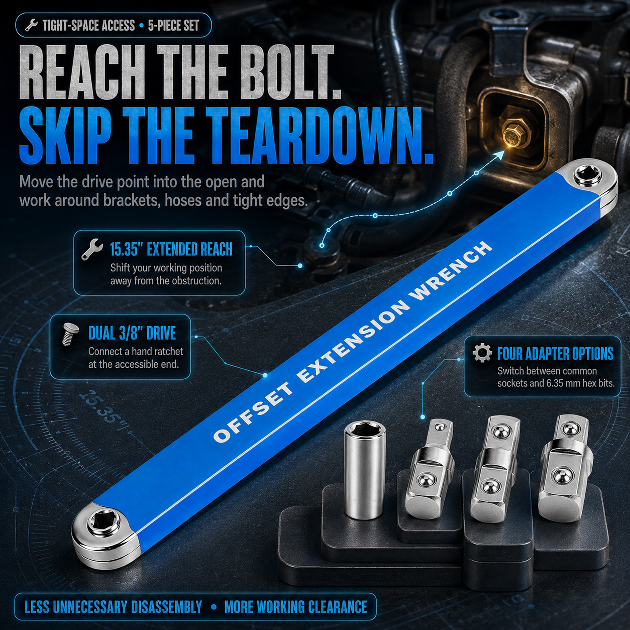 🔩3/8' Offset Extension Wrench Set – Reach Tight Bolts Without Removing Parts🔧