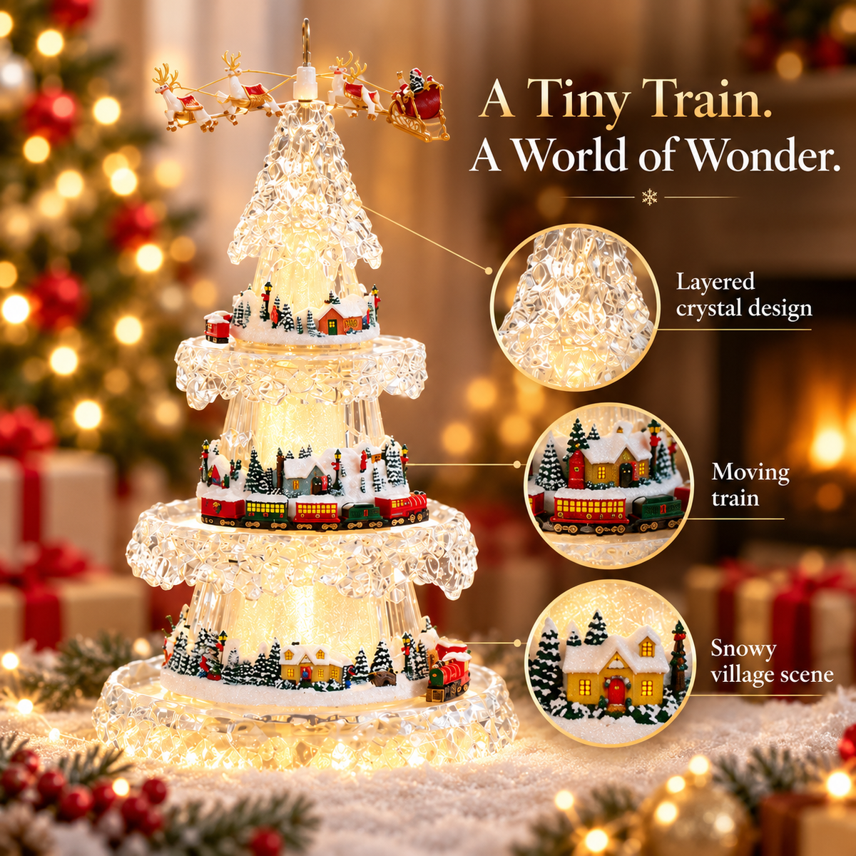 🚂✨ A Festive Crystal Village with Moving Train and Musical Glow🎄