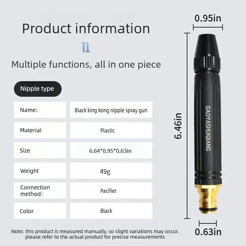 Water spray gun product information showing size weight material and dimensions