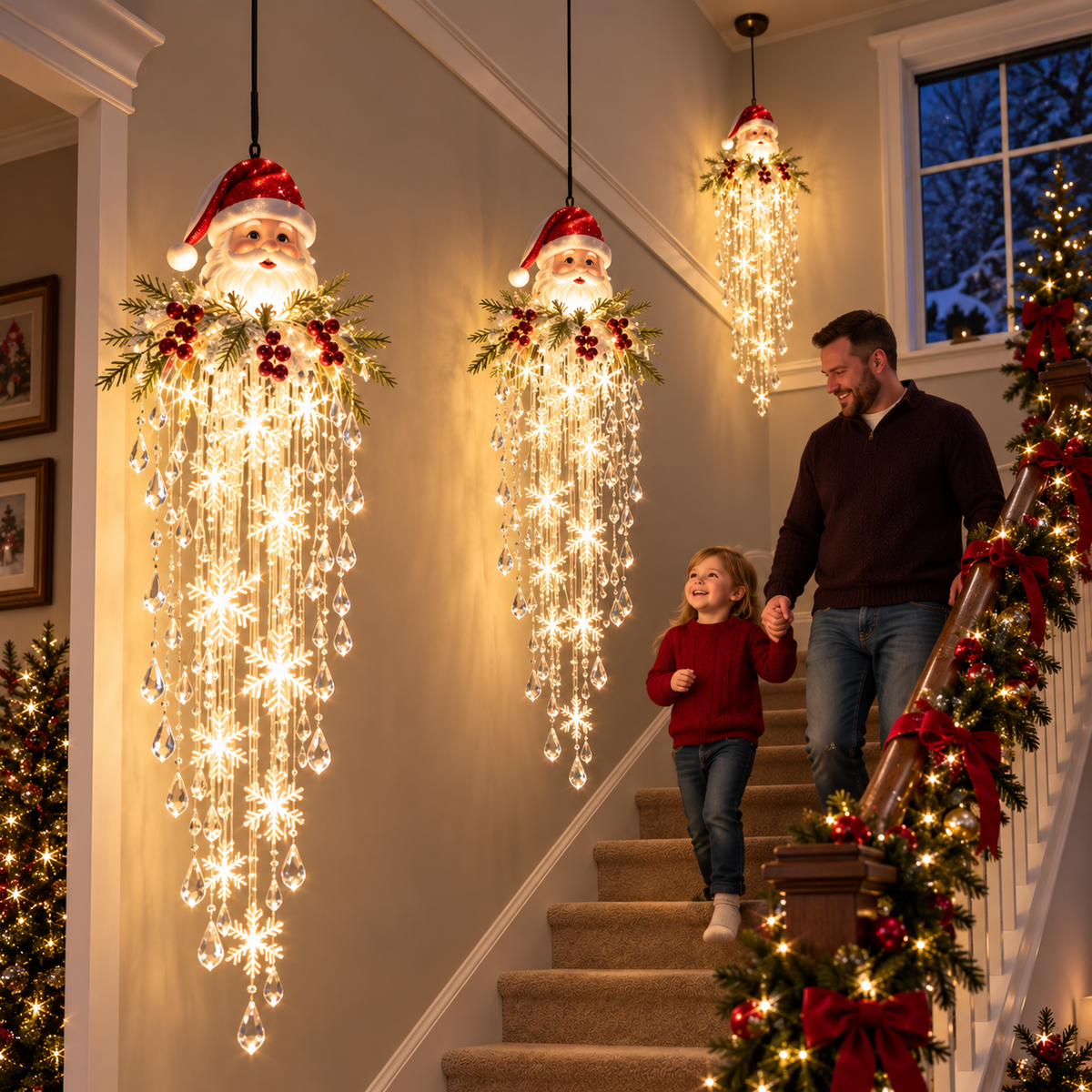 ❄️ Crystal Cascade Christmas Hanging Light – LED Snowflake & Crystal Drop Decor
