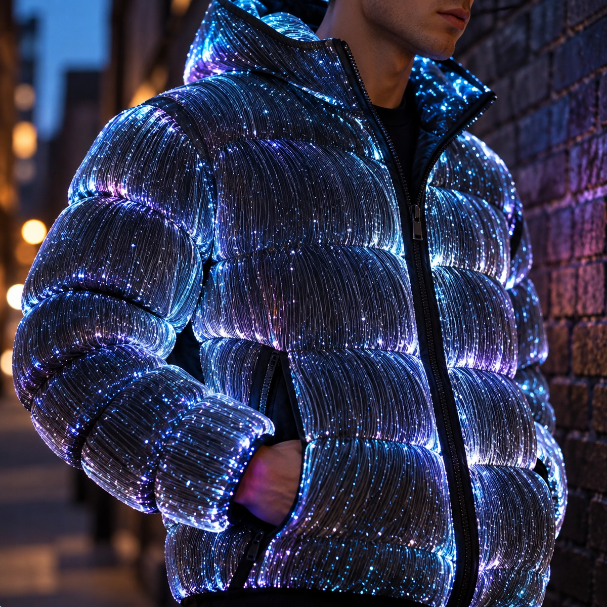 ⚡🌌LED Light-Up Puffer Jacket – All-Over Fiber Optic Glow, Hooded Winter Coat for Festivals & Nightlife ✨