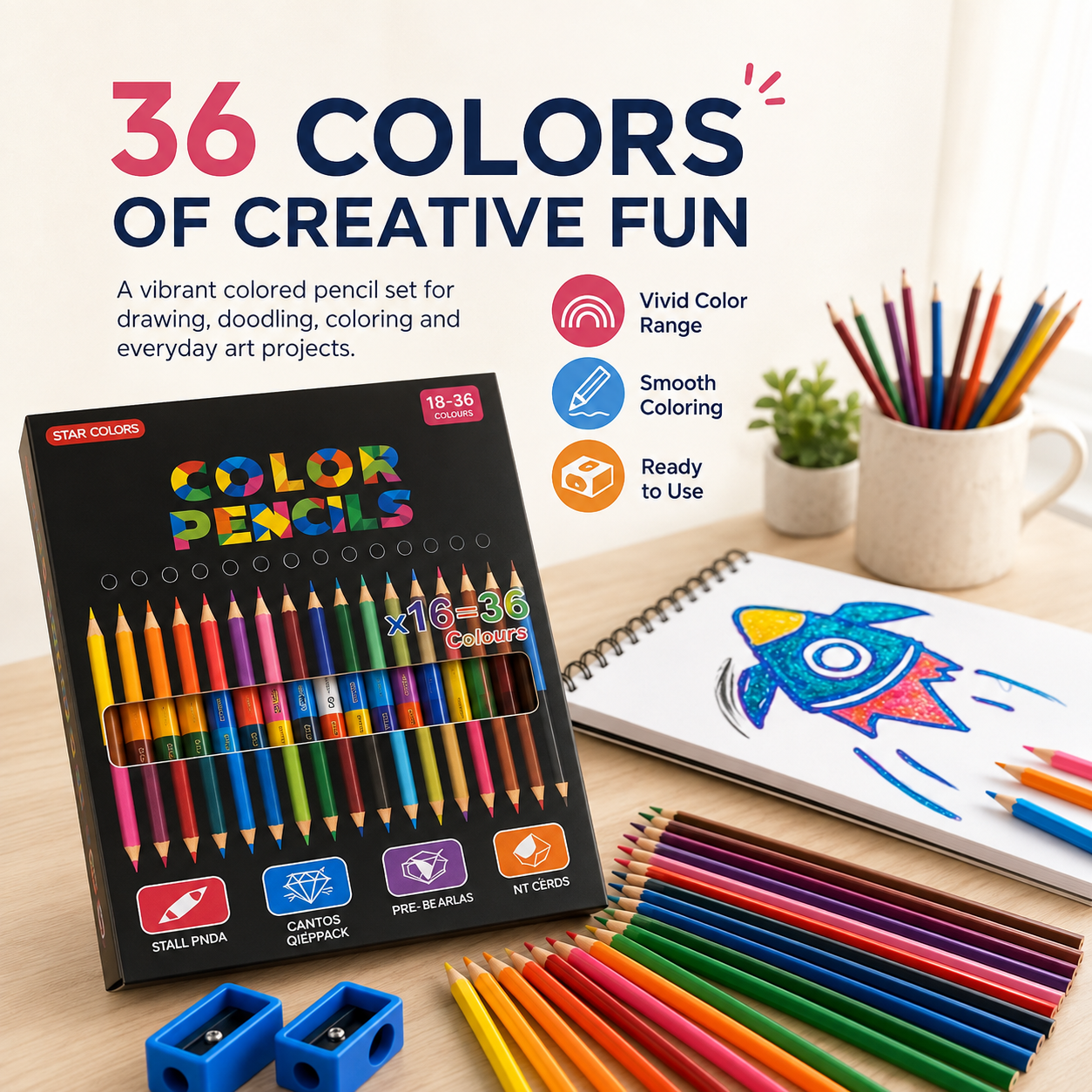 36 vibrant colored pencil shades for drawing and coloring