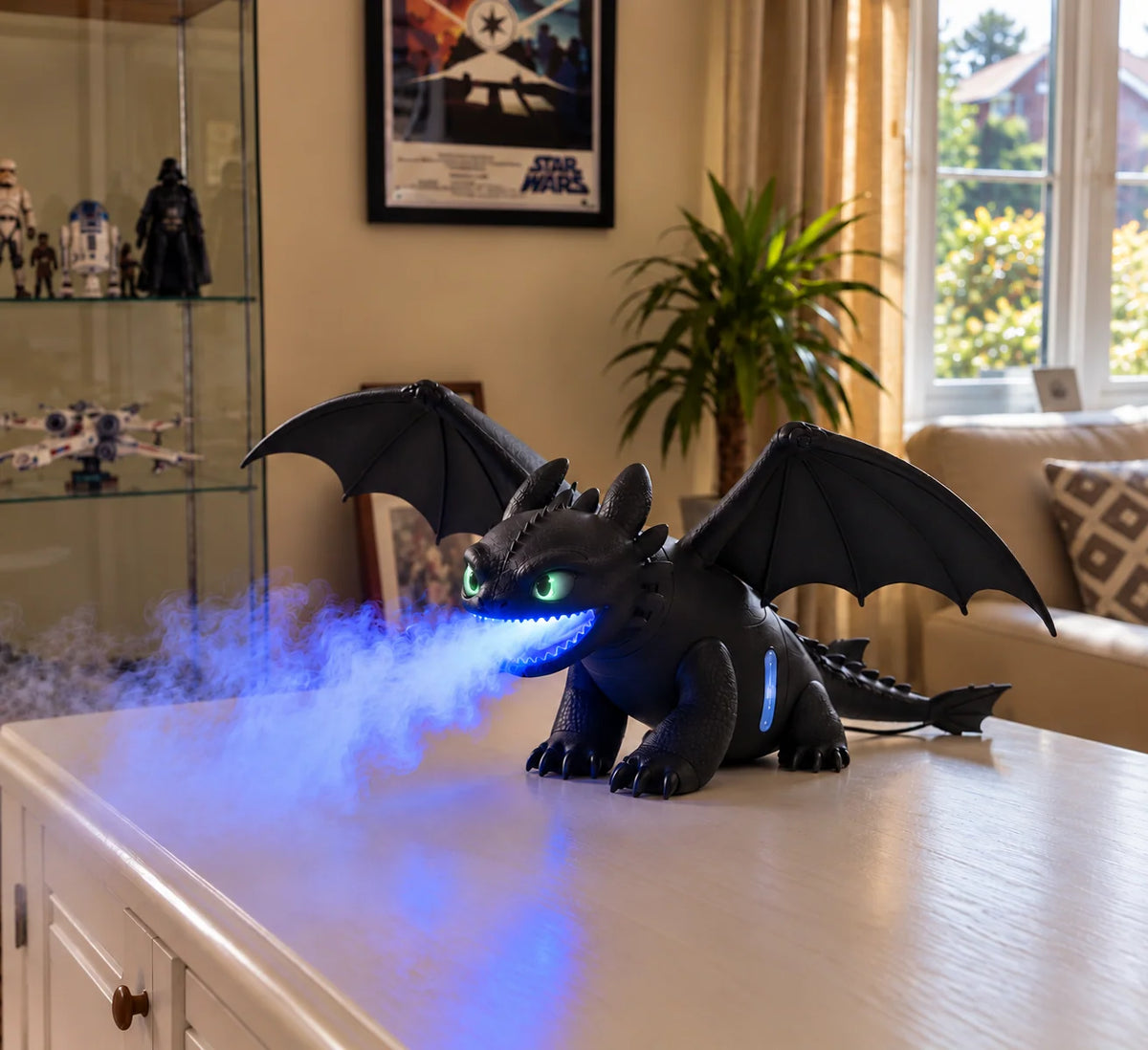 Black dragon desktop mist decoration releasing blue LED-lit water vapor