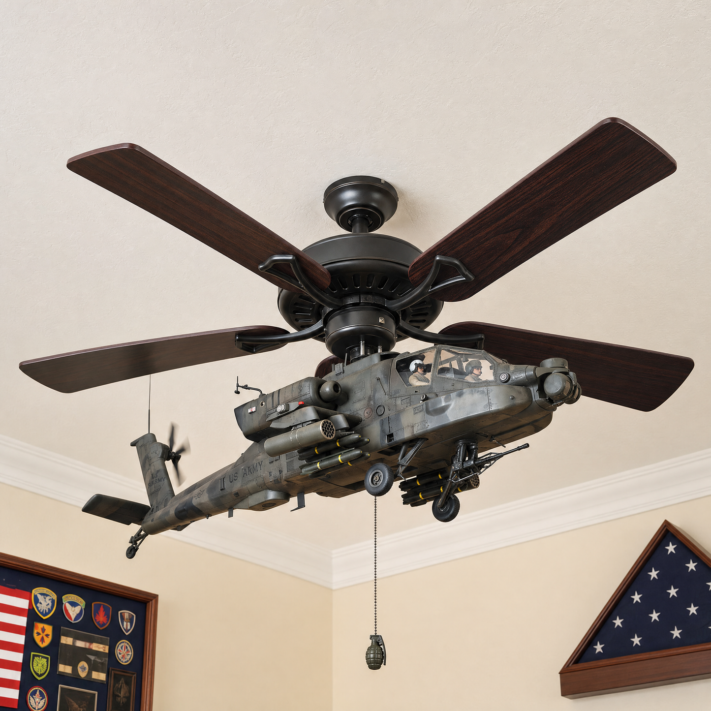 🚁 Military Helicopter Ceiling Fan Decor – Realistic Hanging Ornament for Man Cave & Home.