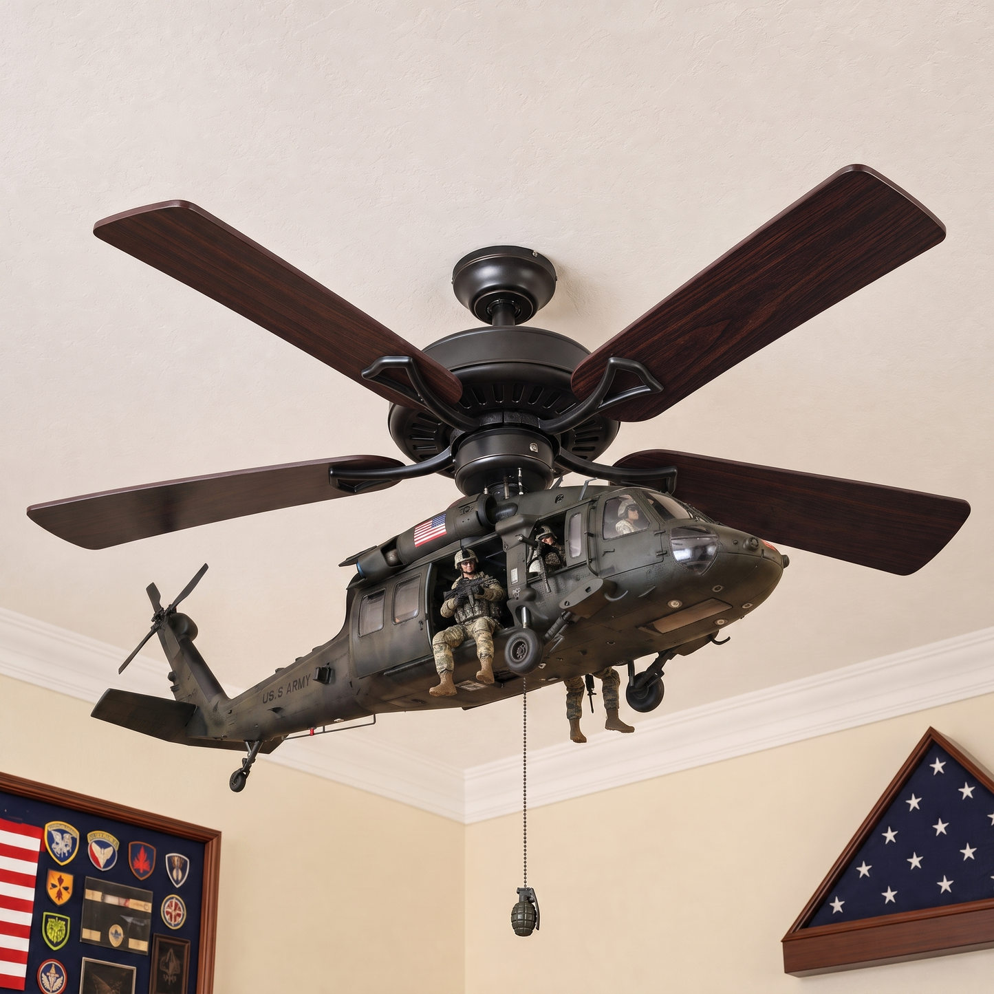 🚁 Military Helicopter Ceiling Fan Decor – Realistic Hanging Ornament for Man Cave & Home.