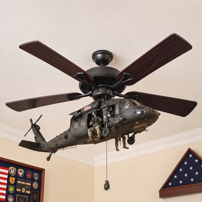 🚁 Military Helicopter Ceiling Fan Decor – Realistic Hanging Ornament for Man Cave & Home.