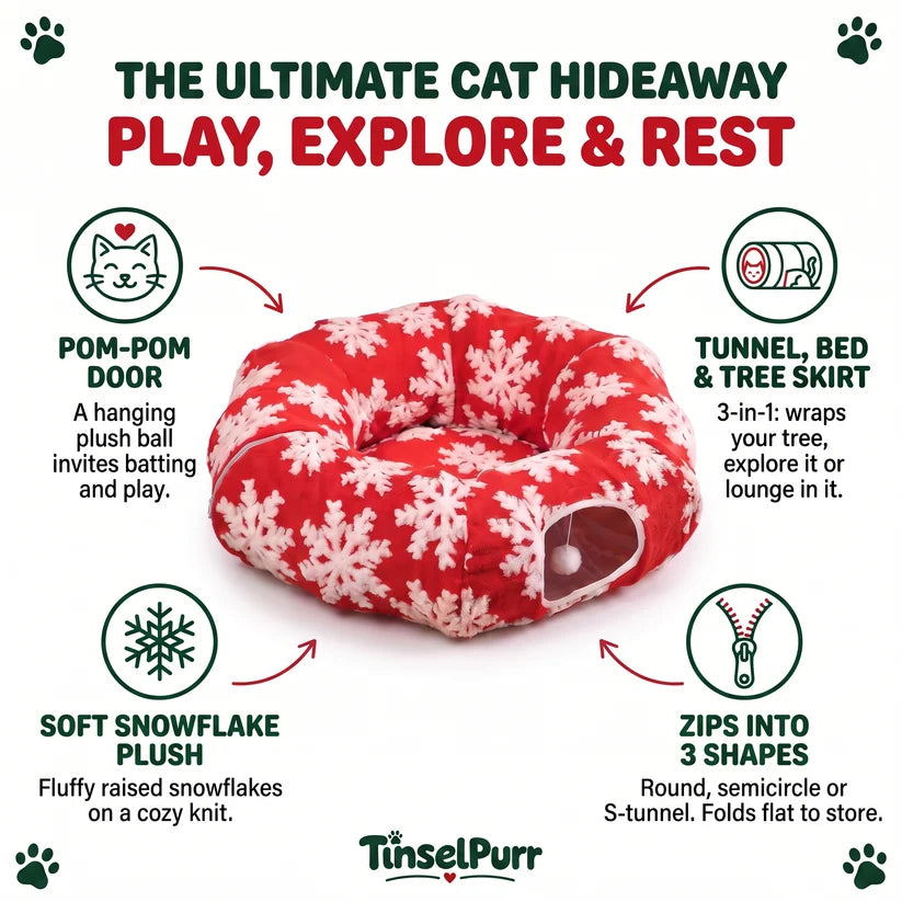 🎄🐾 TinselPurr™ Christmas Tree Cat Tunnel – 3-in-1 Plush Tree Skirt, Cozy Cat Bed & Play Hideout