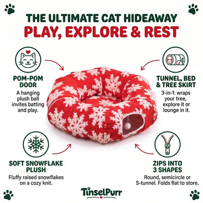 🎄🐾 TinselPurr™ Christmas Tree Cat Tunnel – 3-in-1 Plush Tree Skirt, Cozy Cat Bed & Play Hideout