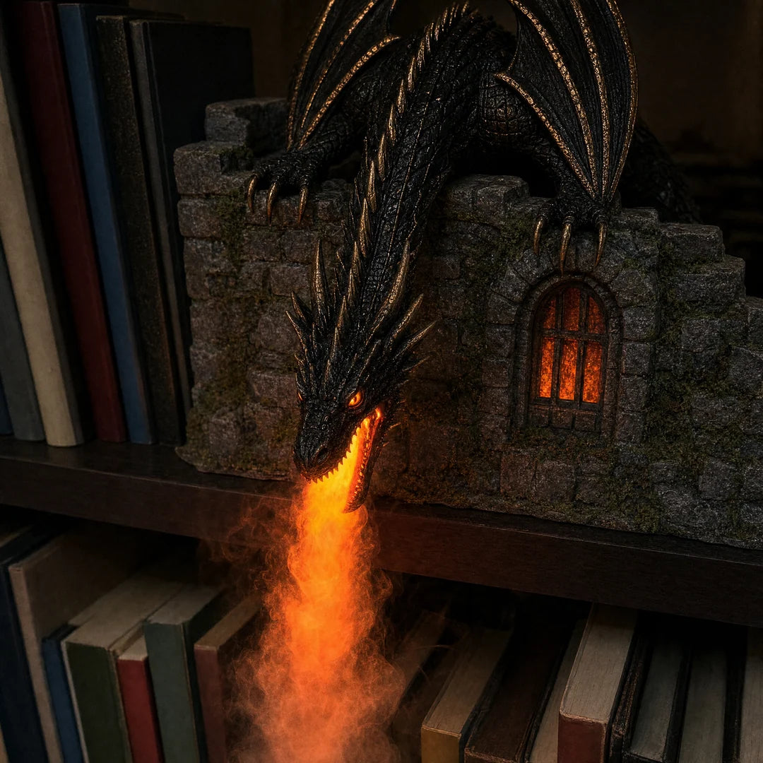 Close-up of orange illuminated mist flowing from the dragon's mouth in a dim bookshelf setting
