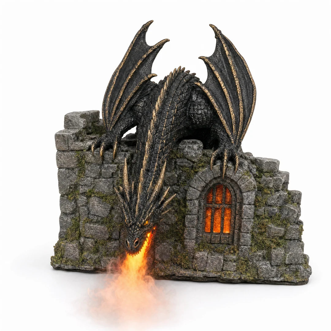 MistWyrm black dragon perched on a stone castle with glowing orange mist emerging from its mouth