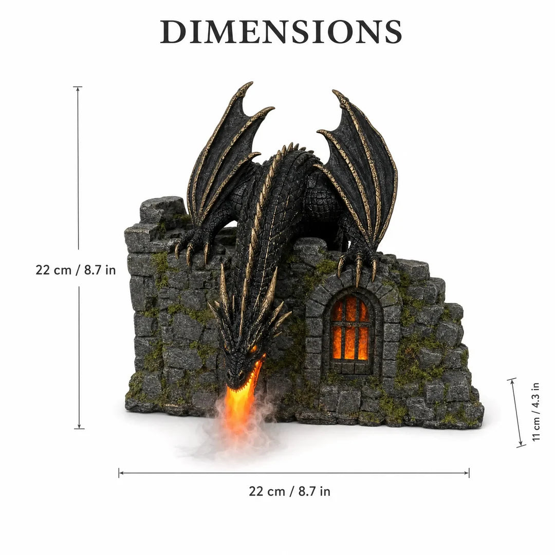 MistWyrm dragon diffuser dimension diagram showing approximately 22 by 22 by 11 centimeters