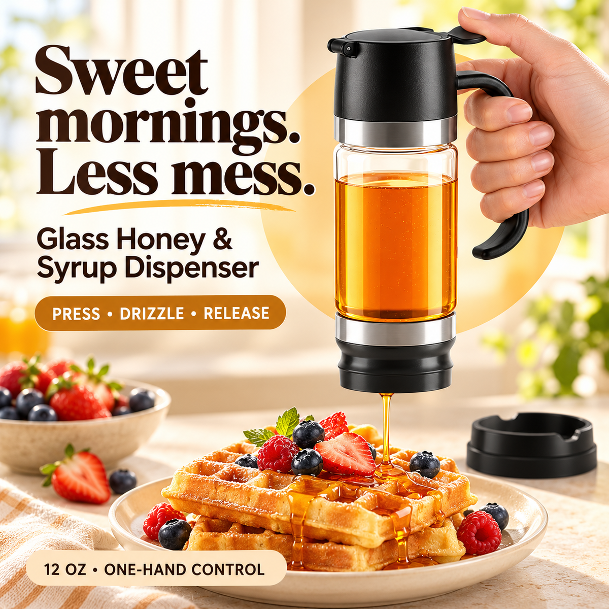 🍯 12 oz Glass Honey & Syrup Dispenser with One-Hand Control
