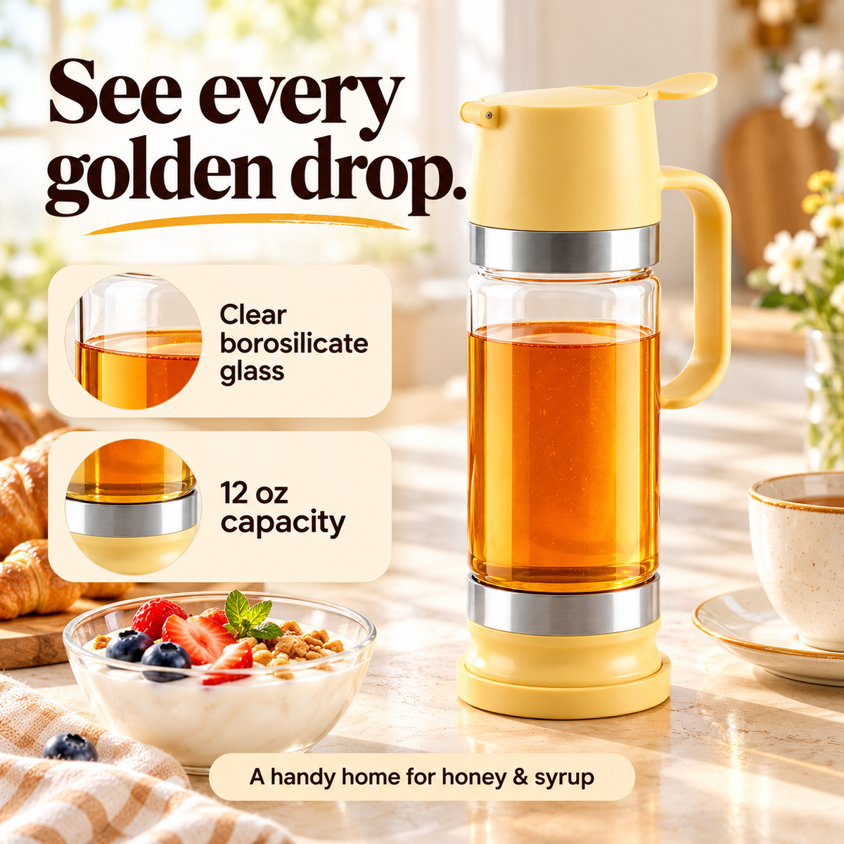 🍯 12 oz Glass Honey & Syrup Dispenser with One-Hand Control