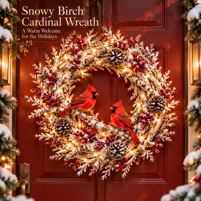 🎄 Snowy Birch Cardinal Christmas Wreath – Light-Up Winter Woodland Decor