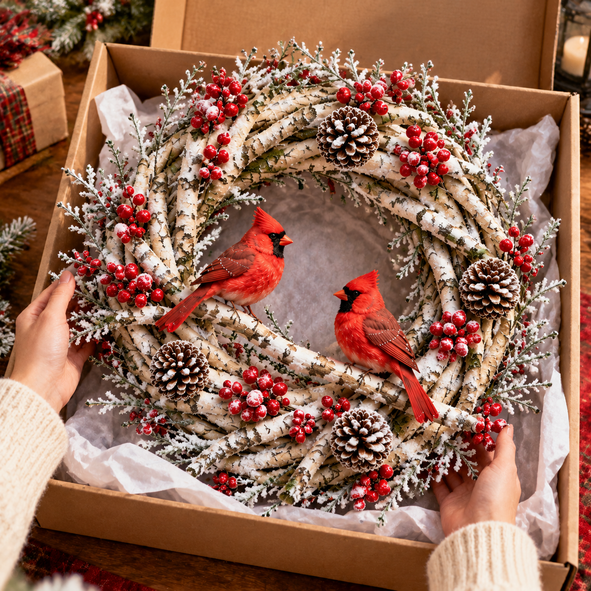 🎄 Snowy Birch Cardinal Christmas Wreath – Light-Up Winter Woodland Decor