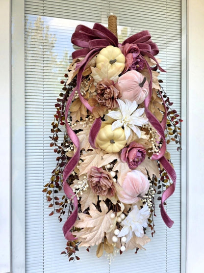 Large Fall Wreath for Front Door,  Autumn Teardrop Swag