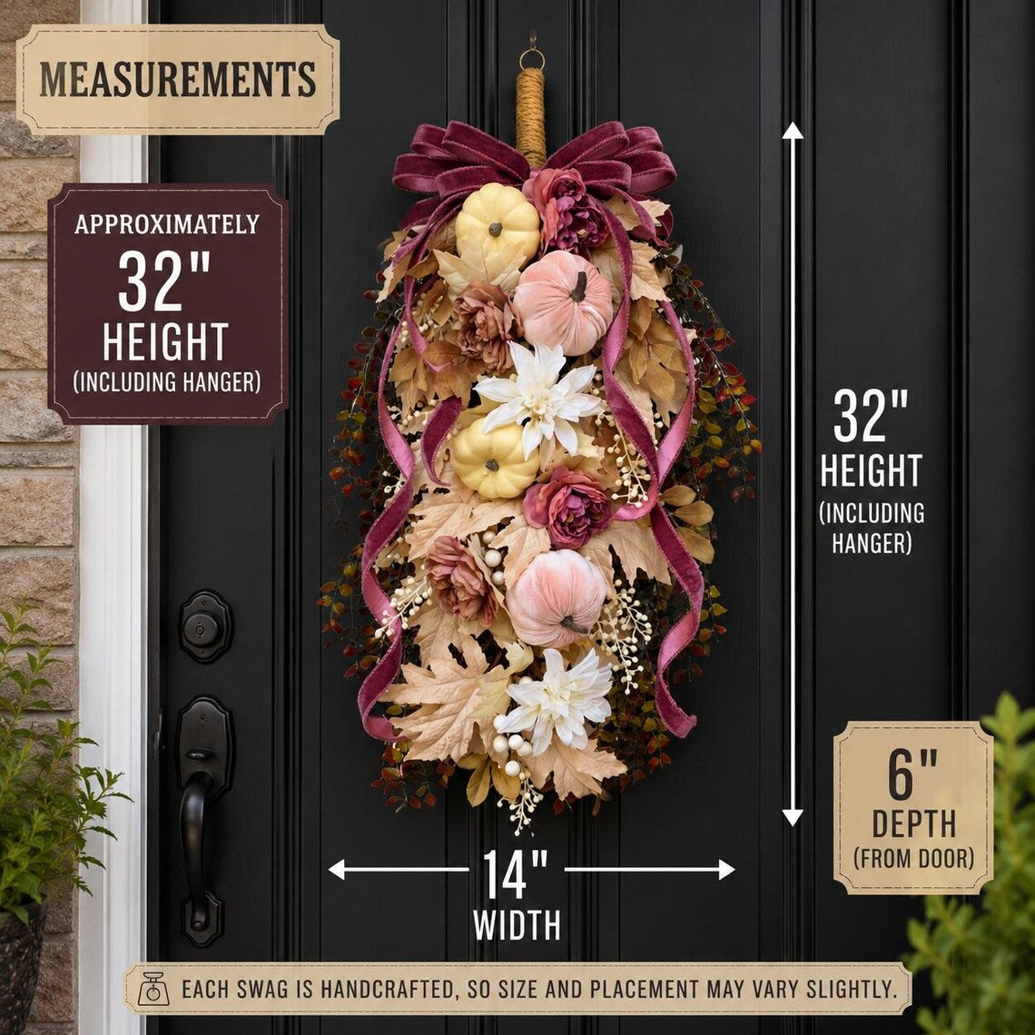 Large Fall Wreath for Front Door,  Autumn Teardrop Swag