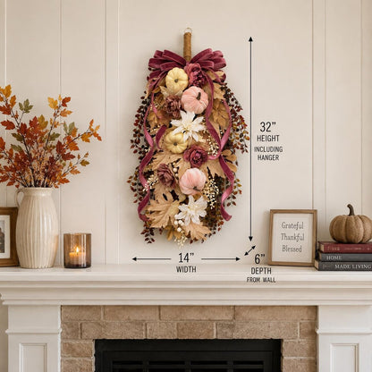 Large Fall Wreath for Front Door,  Autumn Teardrop Swag