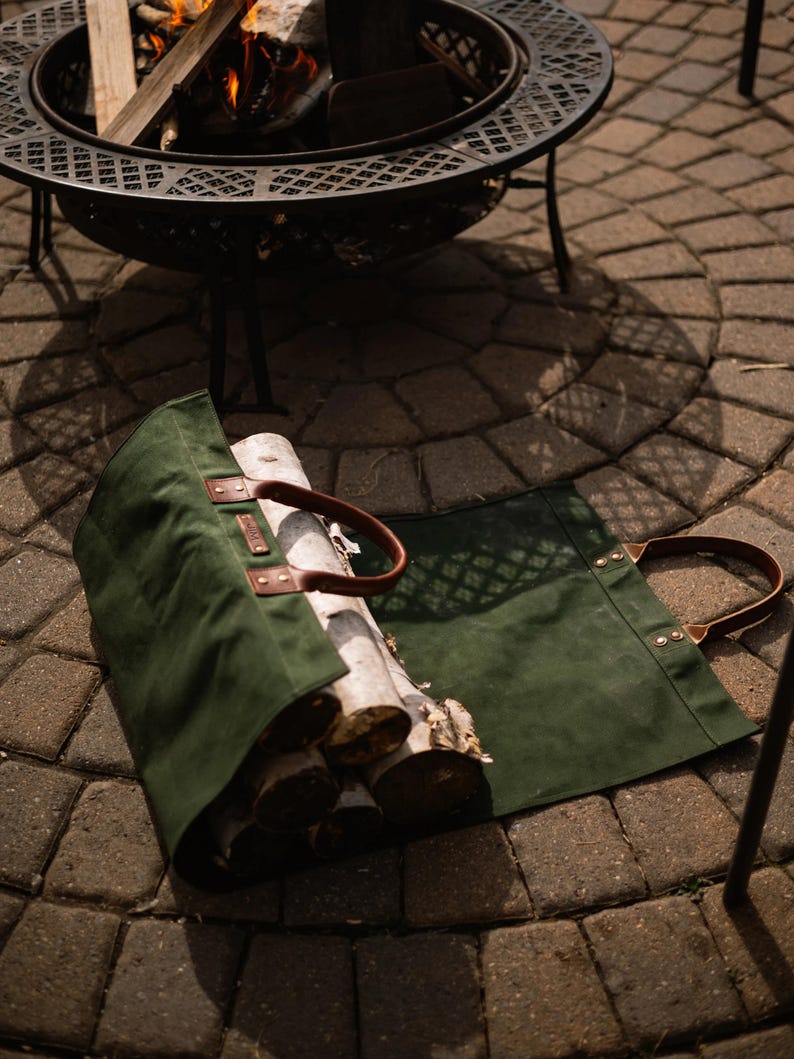 Northwind Personalized Canvas Firewood Log Carrier, Handmade in USA, Full Grain Leather Handles, Custom Leather Patch Tote