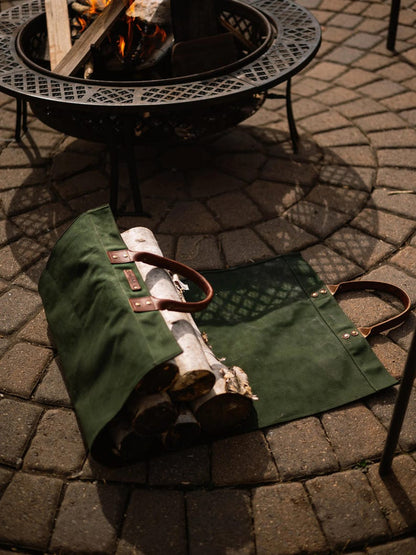 Northwind Personalized Canvas Firewood Log Carrier, Handmade in USA, Full Grain Leather Handles, Custom Leather Patch Tote