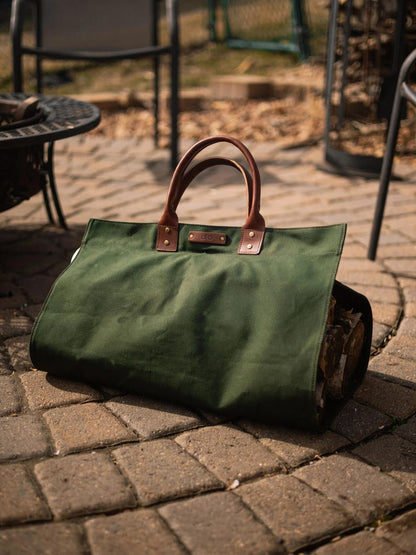 Northwind Personalized Canvas Firewood Log Carrier, Handmade in USA, Full Grain Leather Handles, Custom Leather Patch Tote
