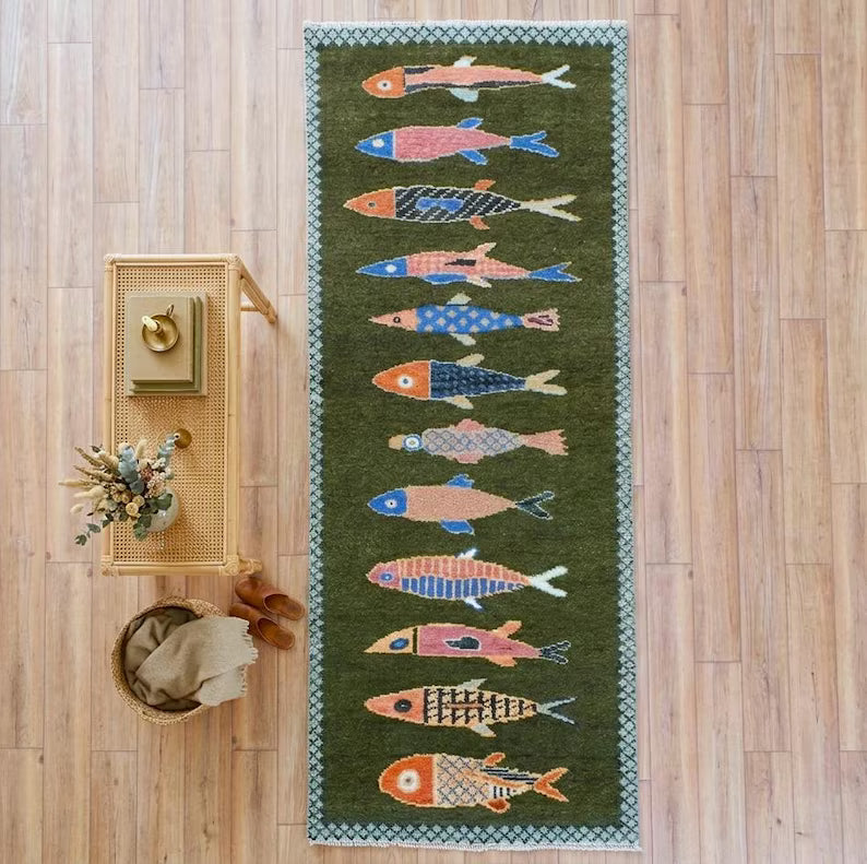 🎏 Hand-Knotted Koi Fish Wool Runner Rug - Artisan Hallway Déco✨
