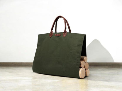 Northwind Personalized Canvas Firewood Log Carrier, Handmade in USA, Full Grain Leather Handles, Custom Leather Patch Tote