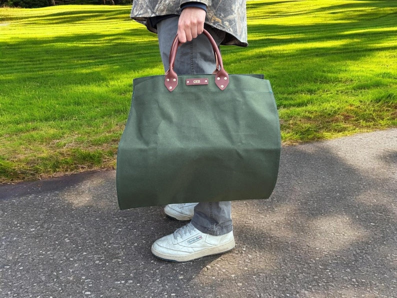 Northwind Personalized Canvas Firewood Log Carrier, Handmade in USA, Full Grain Leather Handles, Custom Leather Patch Tote