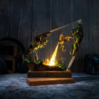 Handmade Fire Breathing Dragon Resin Lamp, Fantasy Skyrim Dragon Night Light, LED Resin Art Decor, Gaming Room Gift for Dragon Lovers