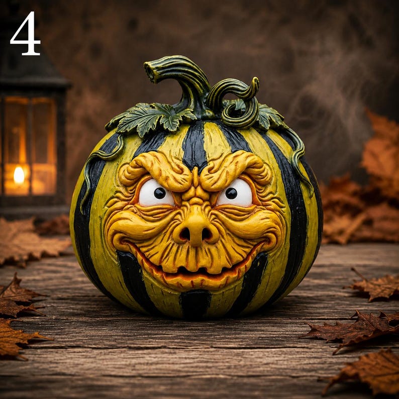 Halloween Resin Pumpkin Decor, Spooky Monster Face Jack O Lantern Figurines for Gothic Shelf Mantel Table Centerpiece Display