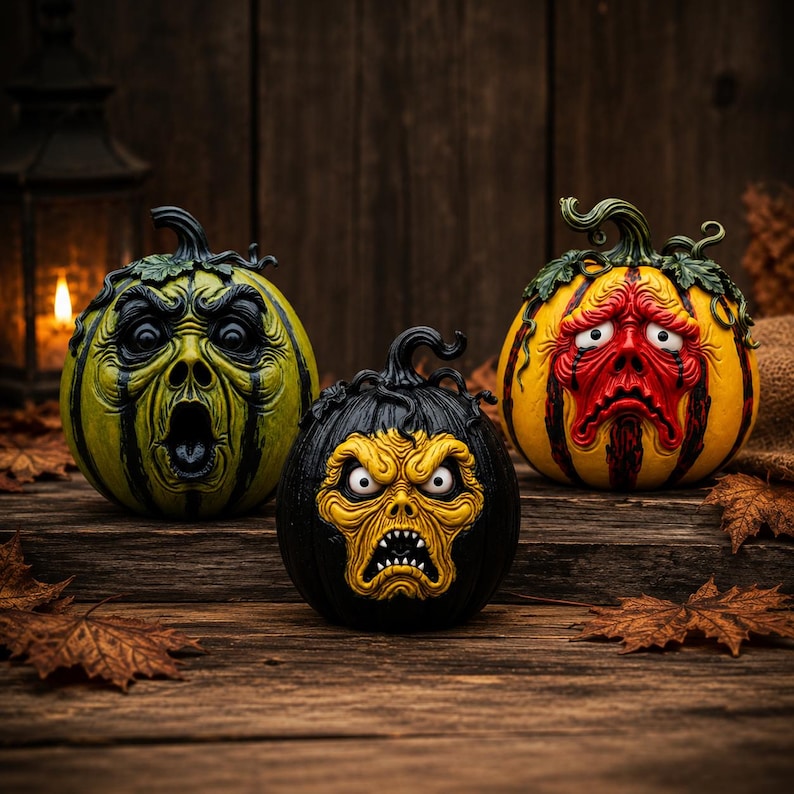 Halloween Resin Pumpkin Decor, Spooky Monster Face Jack O Lantern Figurines for Gothic Shelf Mantel Table Centerpiece Display