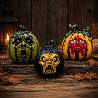 Halloween Resin Pumpkin Decor, Spooky Monster Face Jack O Lantern Figurines for Gothic Shelf Mantel Table Centerpiece Display