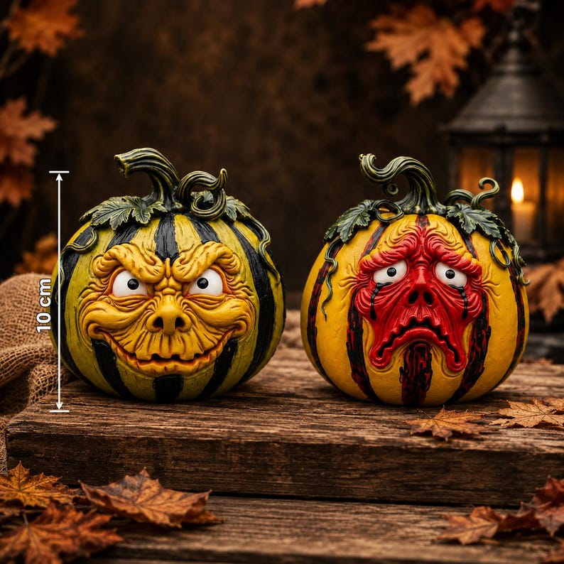 Halloween Resin Pumpkin Decor, Spooky Monster Face Jack O Lantern Figurines for Gothic Shelf Mantel Table Centerpiece Display