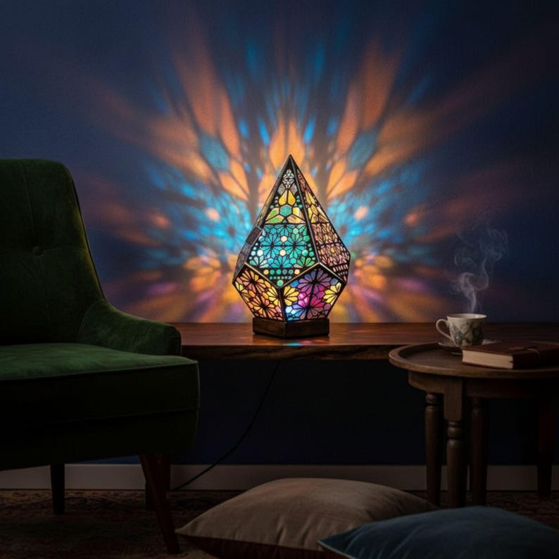 Wooden Bohemian LED Projection Table Lamp