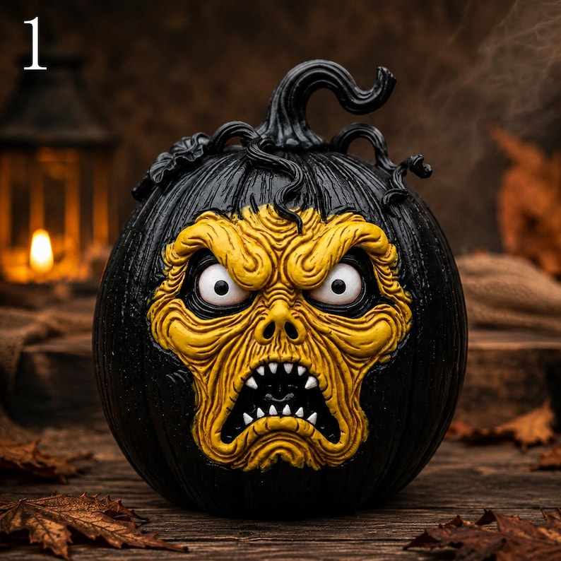 Halloween Resin Pumpkin Decor, Spooky Monster Face Jack O Lantern Figurines for Gothic Shelf Mantel Table Centerpiece Display