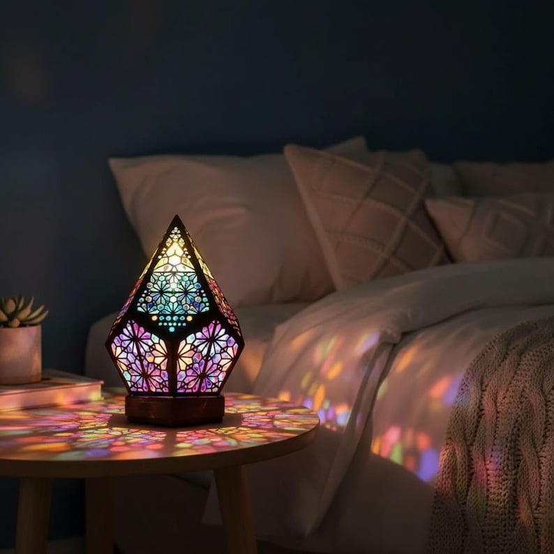 Wooden Bohemian LED Projection Table Lamp
