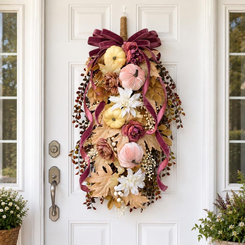 Large Fall Wreath for Front Door,  Autumn Teardrop Swag