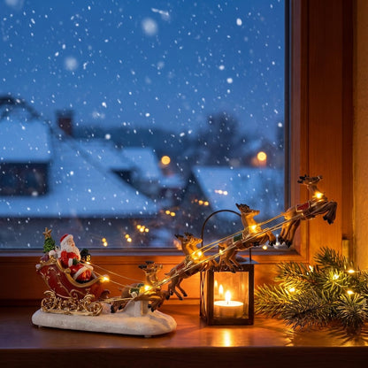 🎅 Lighted Santa Sleigh & Flying Reindeer Figurine – Warm LED Christmas Decor