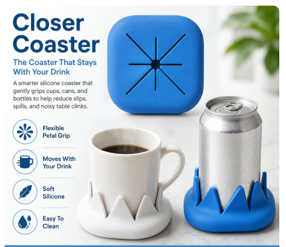 Closer Coaster: The Coaster That Follows Your Drink – Non-Slip, Reversible Silicone Coaster