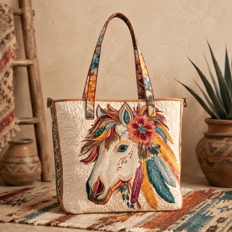 🐎 Western Quilted Tote Bag – Colorful Horse & Bison Print Everyday Carryall