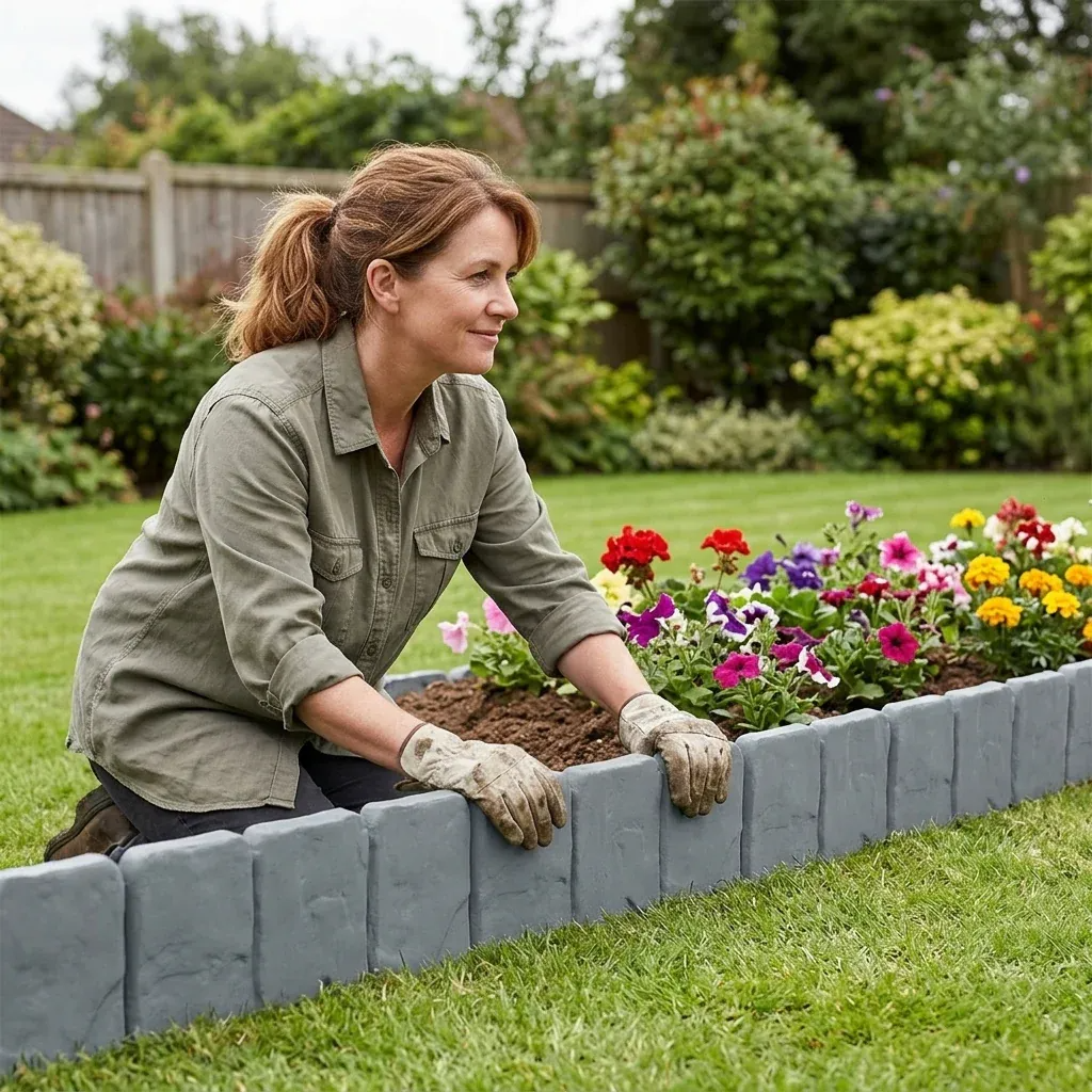 Gardener installing faux stone flower bed edging